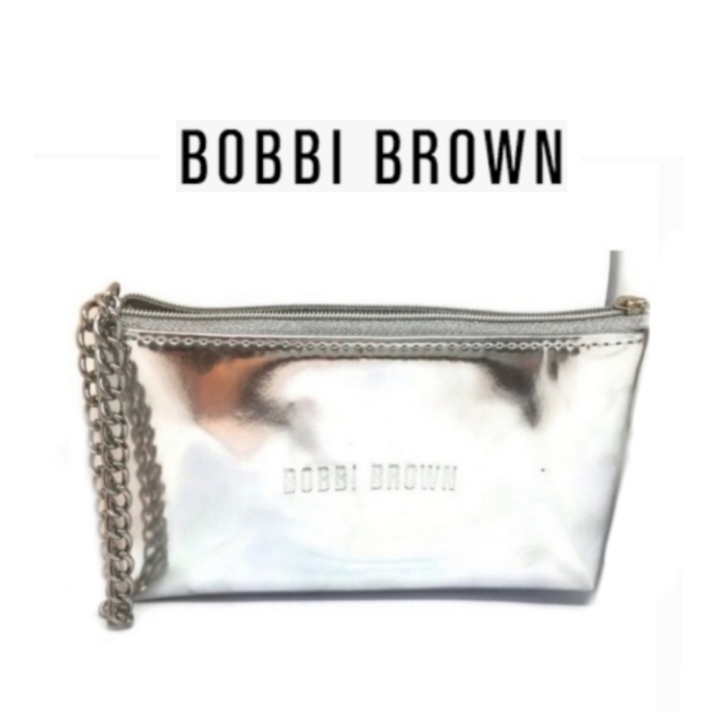 Bobbi Brown Metallic Silver Makeup Bag Cosmetic Case Wristlet Wallet Purse